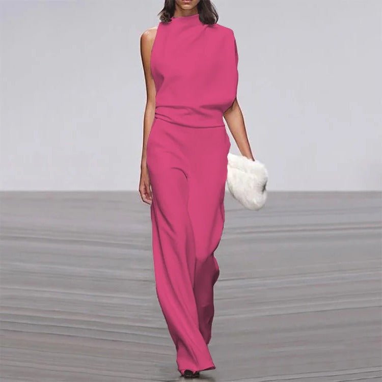 Elegant women's wide leg mock neck jumpsuit, sleeveless with a draped shoulder, perfect for special events.
