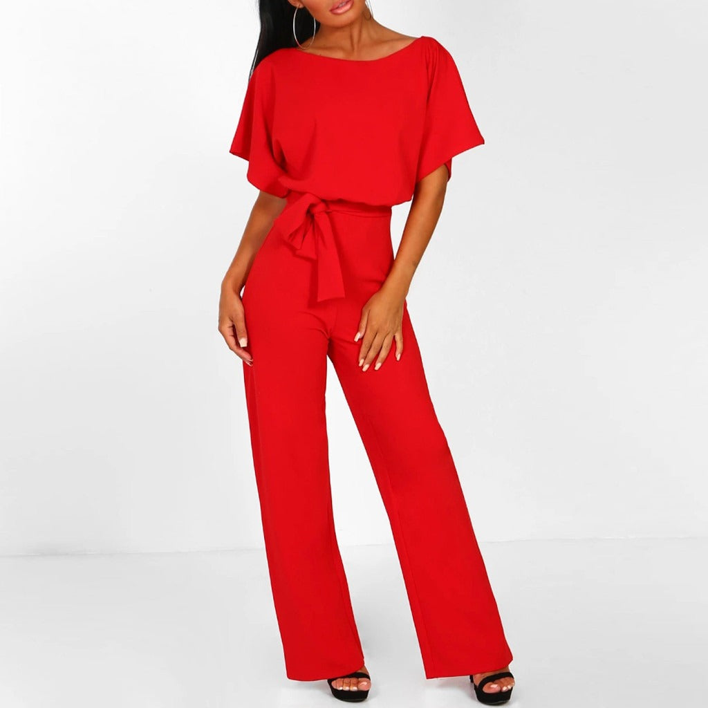 Women's Wide Leg Jumpsuit - Batwing Sleeve, Belted