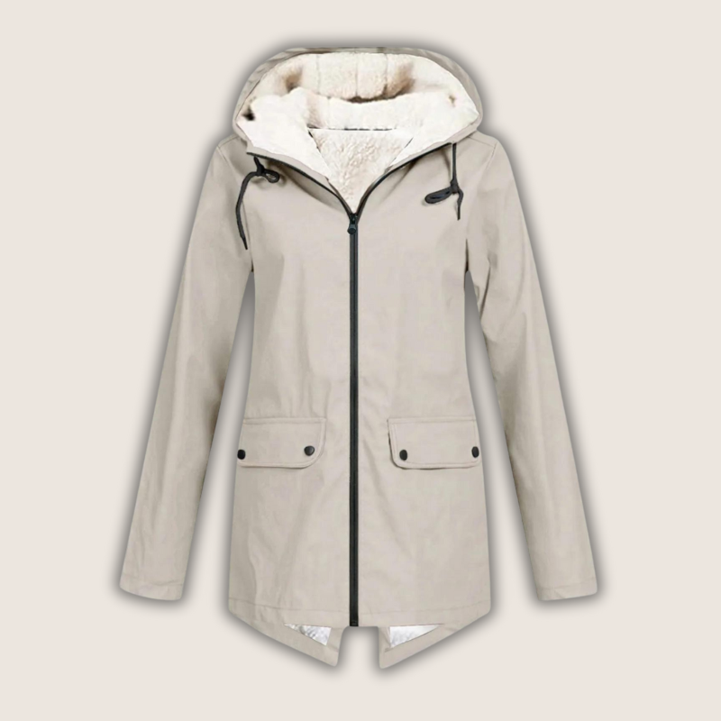Practical women's waterproof raincoat with adjustable hood, lightweight & breathable for travel & hiking.