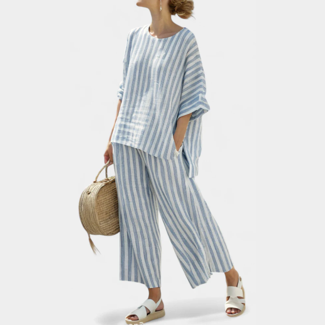 Women's lightweight striped two-piece pants set, relaxed fit, wide leg, perfect for casual summer loungewear.