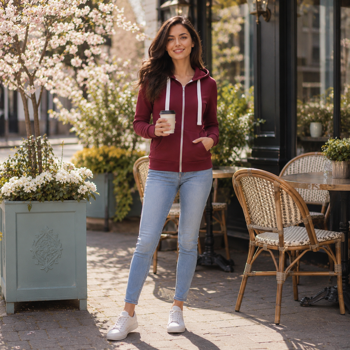 Stylish woman wearing a black slim fit zip up hoodie, perfect for activewear & casual layering.