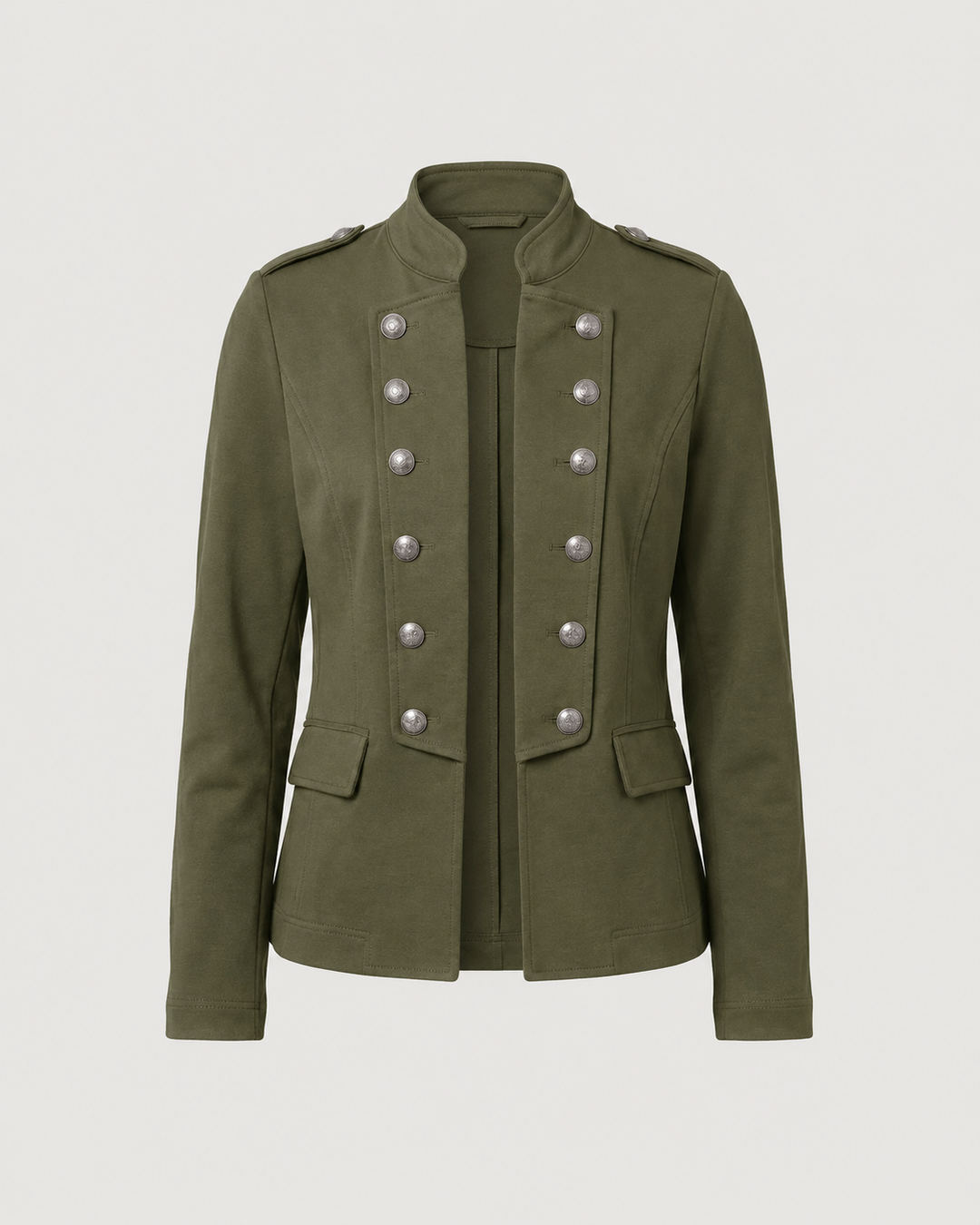 Women's button-front tailored blazer featuring a sophisticated stand-up collar. Modern fit, versatile style.