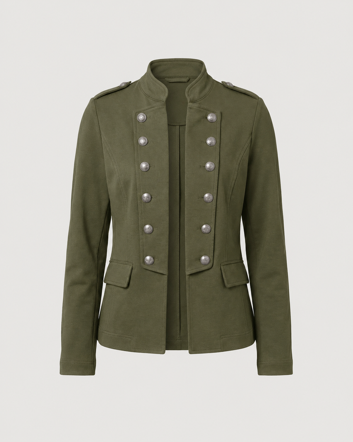 Women's button-front tailored blazer featuring a sophisticated stand-up collar. Modern fit, versatile style.