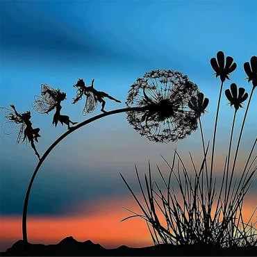 Enchanted metal fairy garden stake, perfect whimsical outdoor decor for magical gardens & yard landscapes.