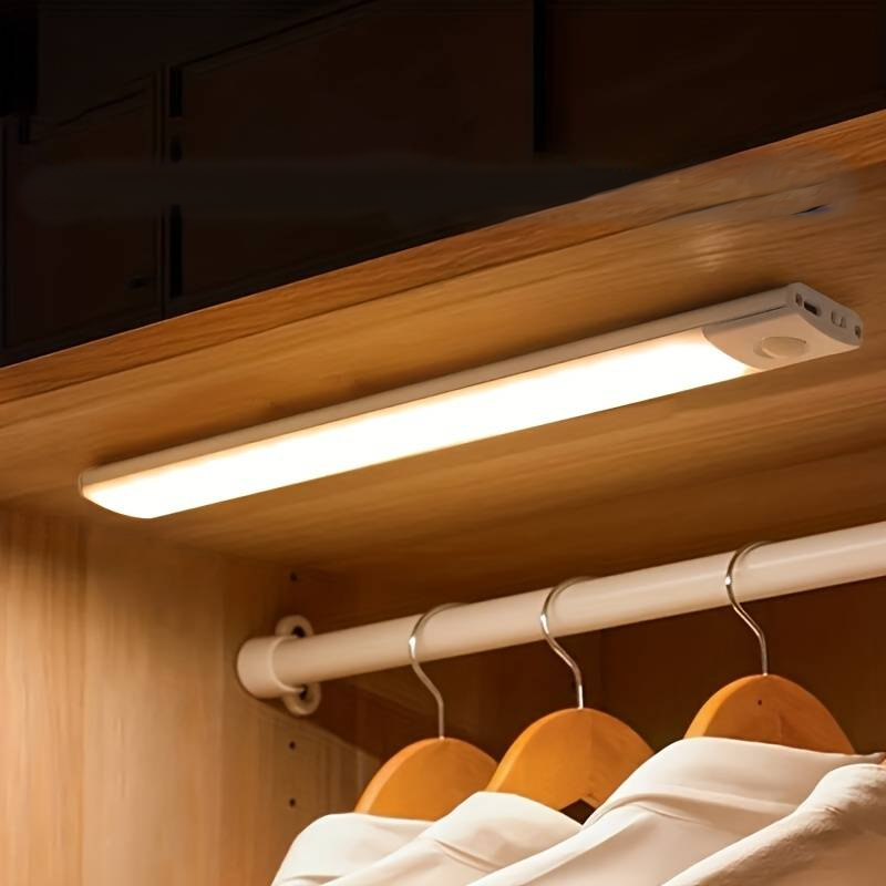 Wireless motion sensor LED light bar, rechargeable & magnetic for smart under cabinet & closet lighting.