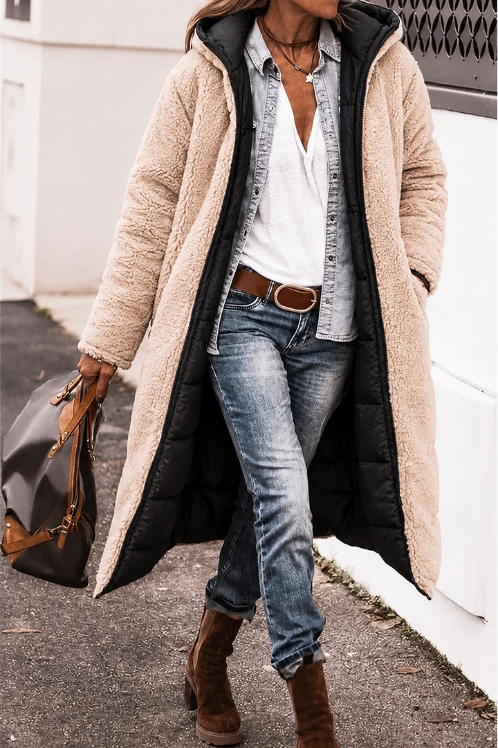Women's reversible jacket, designed for warm layering and modern winter fashion.