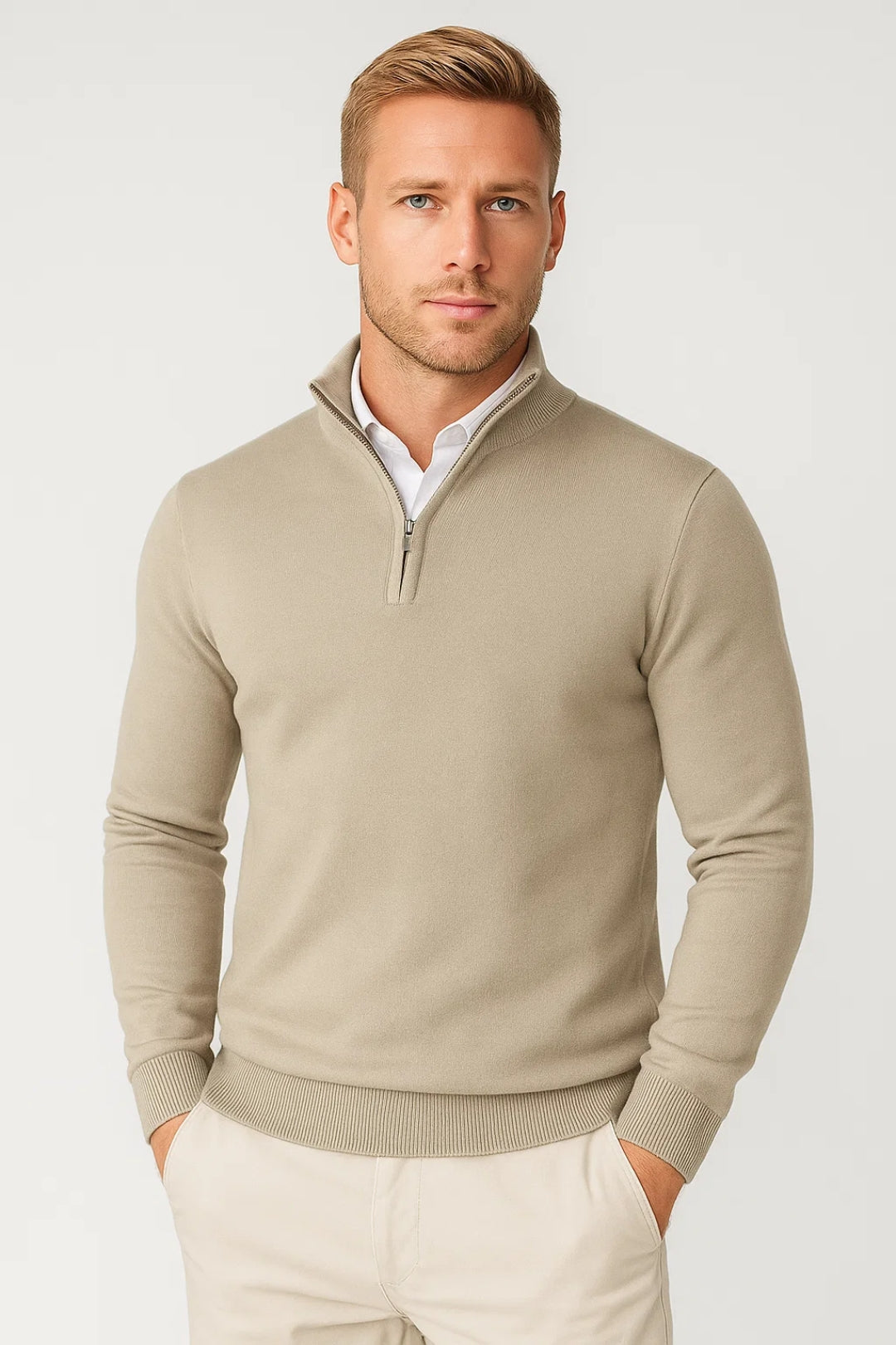 Contemporary men's half zip sweater. High neck design for warmth & style. Perfect for daily fashion.