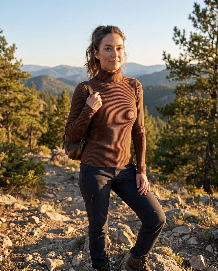 Cozy women's ribbed turtleneck sweater, essential for warm and stylish winter wear & elegant outfits.
