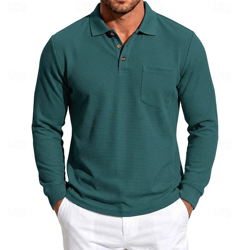 Men's textured long-sleeve polo shirt, perfect for smart-casual & refined style. Versatile men's fashion.