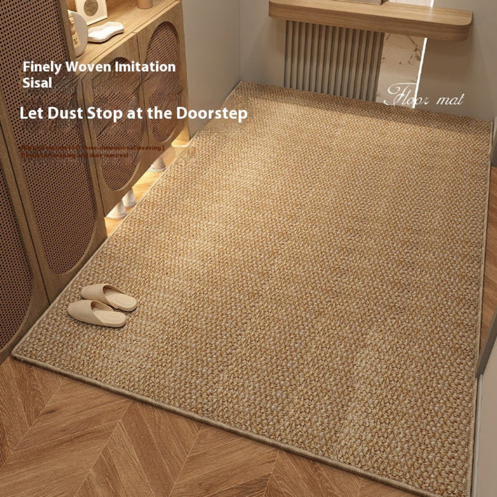 Luxury modern beige home floor mat. Soft cuttable rectangle entrance rug for living room or hallway decor.