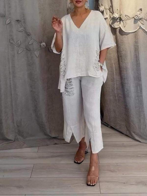 Women's V-Neck Top & Wide Leg Pants Set