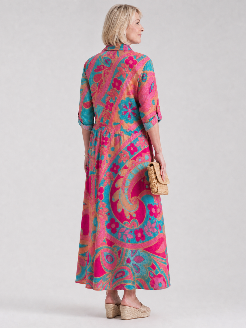 Comfortable women's collared midi dress with a vibrant print, button-front, and short sleeves. Great for everyday wear.