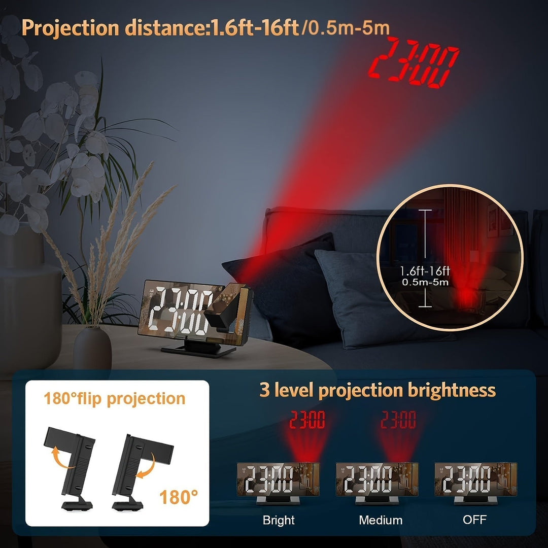 Adjustable 180° projection alarm clock; projects time clearly. Digital LED display and snooze button.