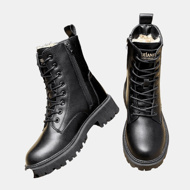 Warm women's lace-up combat boots with sturdy lug sole for winter fashion. Stylish & comfortable ankle boots.