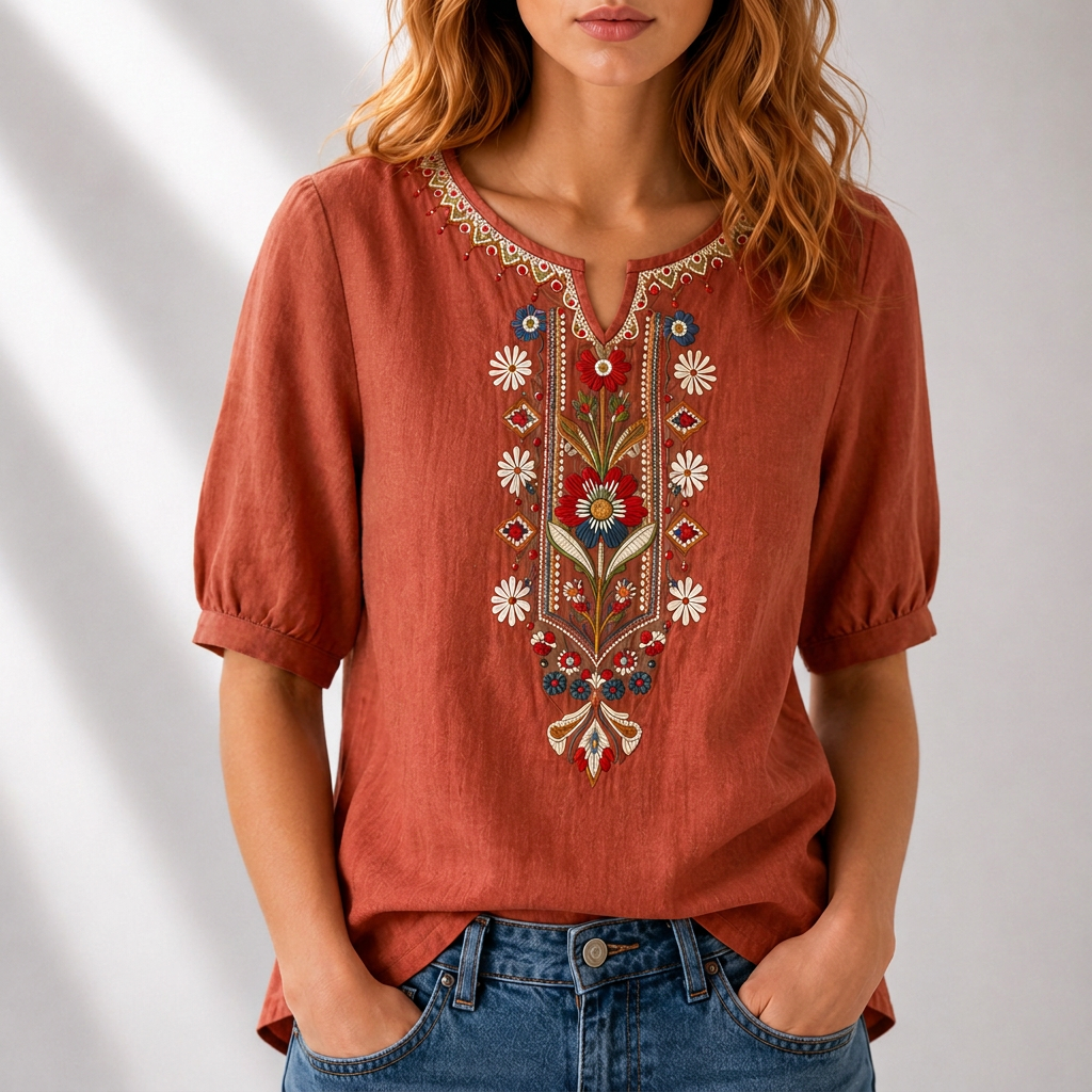 Women's elegant floral embroidered blouse, relaxed fit, ideal for casual chic spring and summer style.