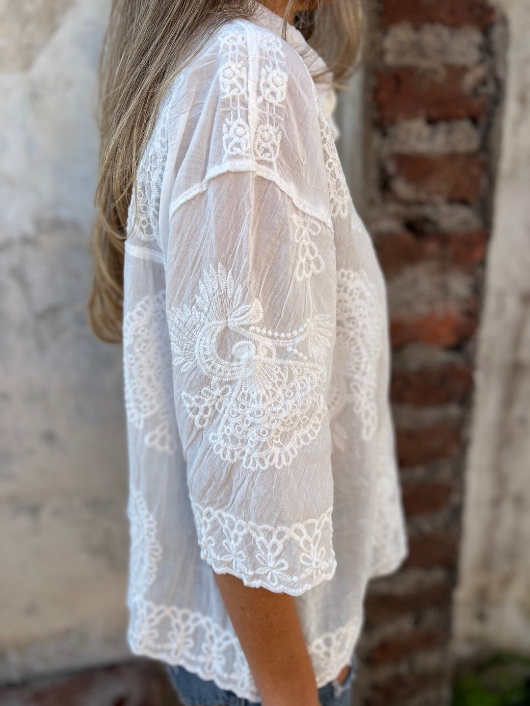 Women's Lace Embroidered Button-Up Blouse