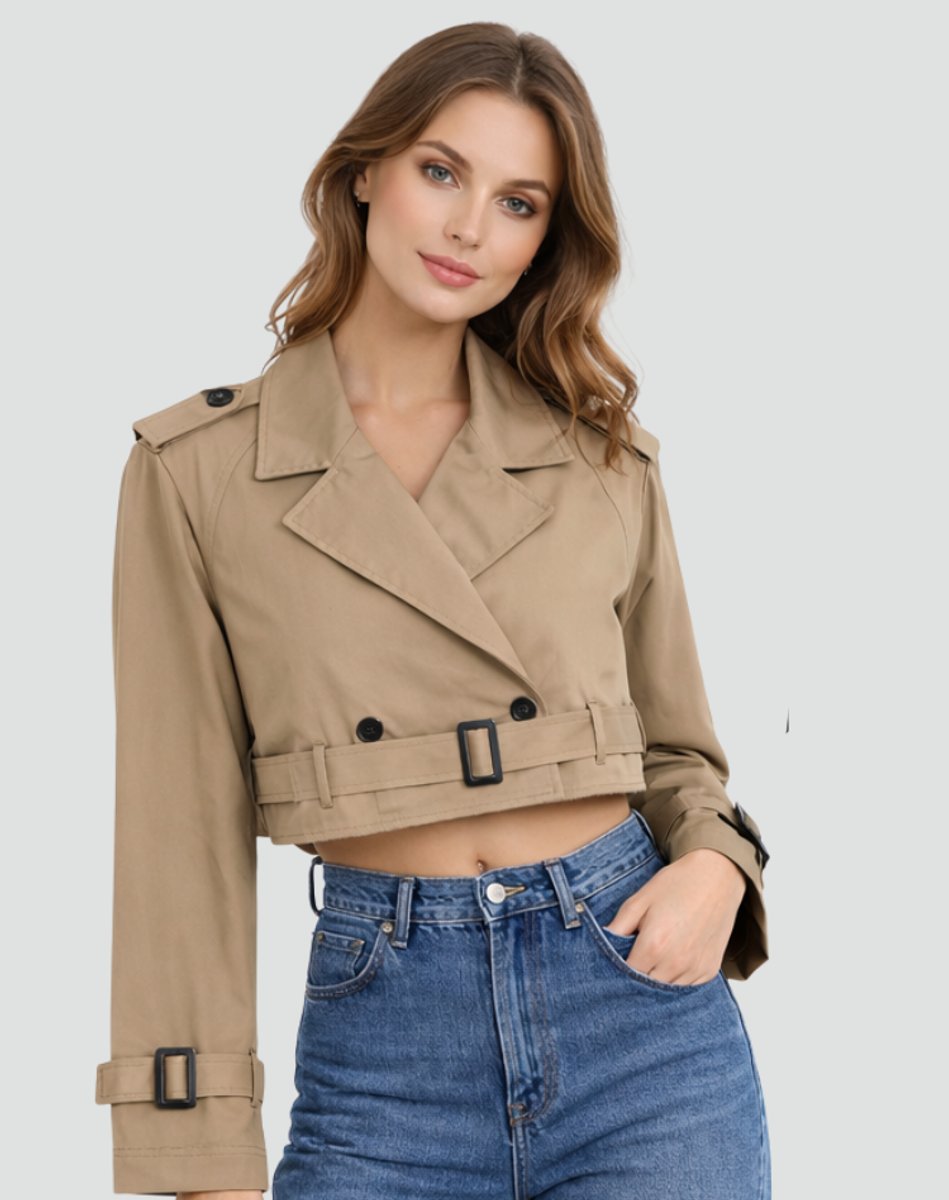 Fashionable women's cropped double-breasted trench coat with a chic belt. Ideal modern outerwear.