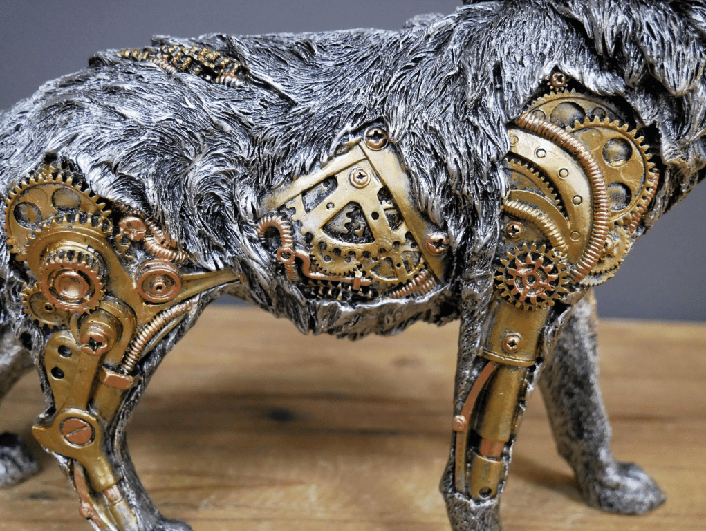 Steampunk rhinoceros figurine blending animal form with industrial gears, a unique artistic decor piece.