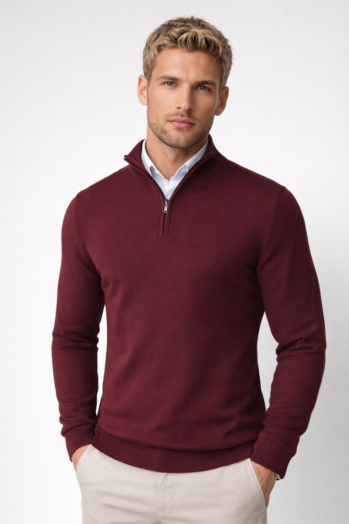 Men's half zip sweater with a high neck, offering adjustable warmth and a contemporary, modern look.