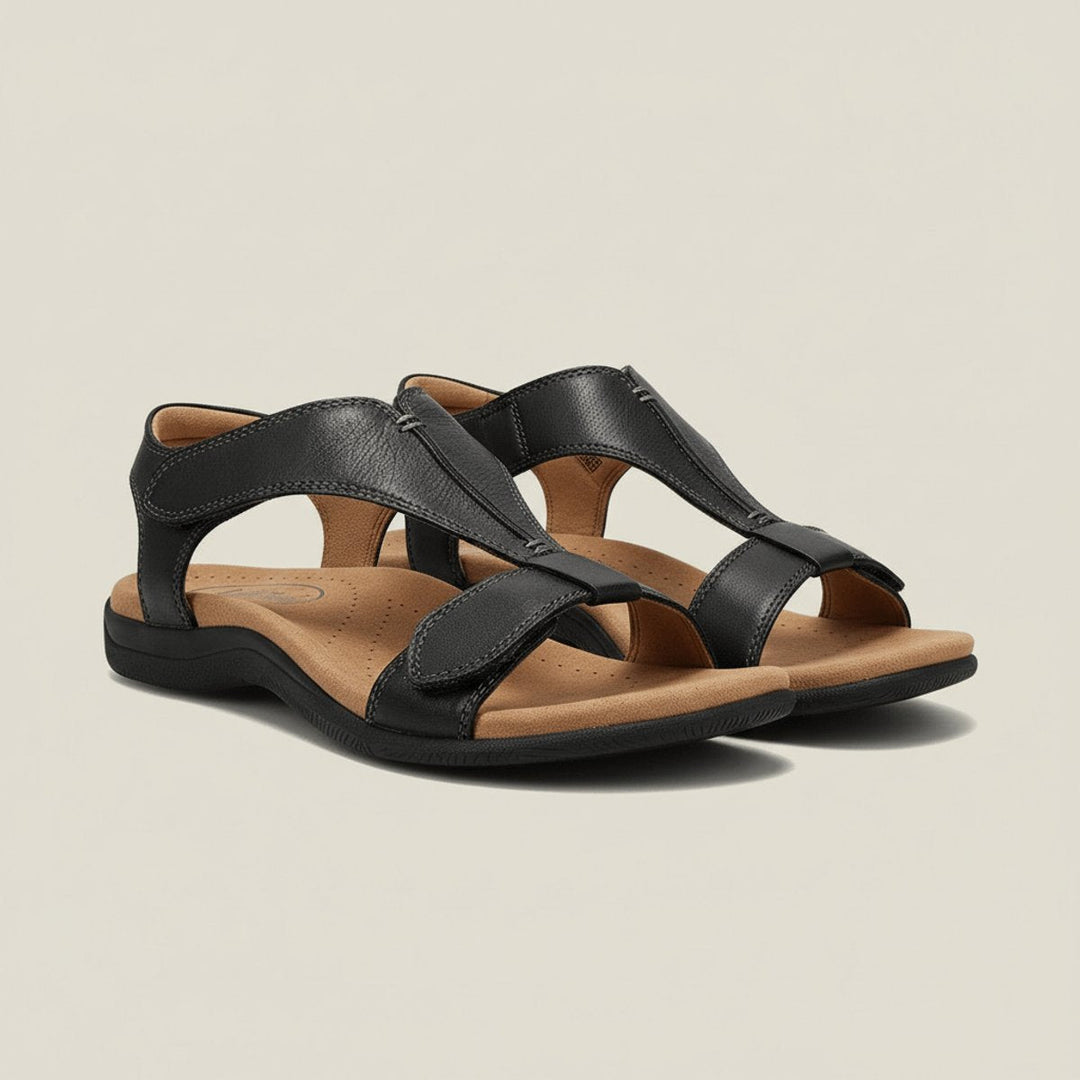 Close-up of adjustable velcro T-strap on women's orthopedic open-toe summer sandals.