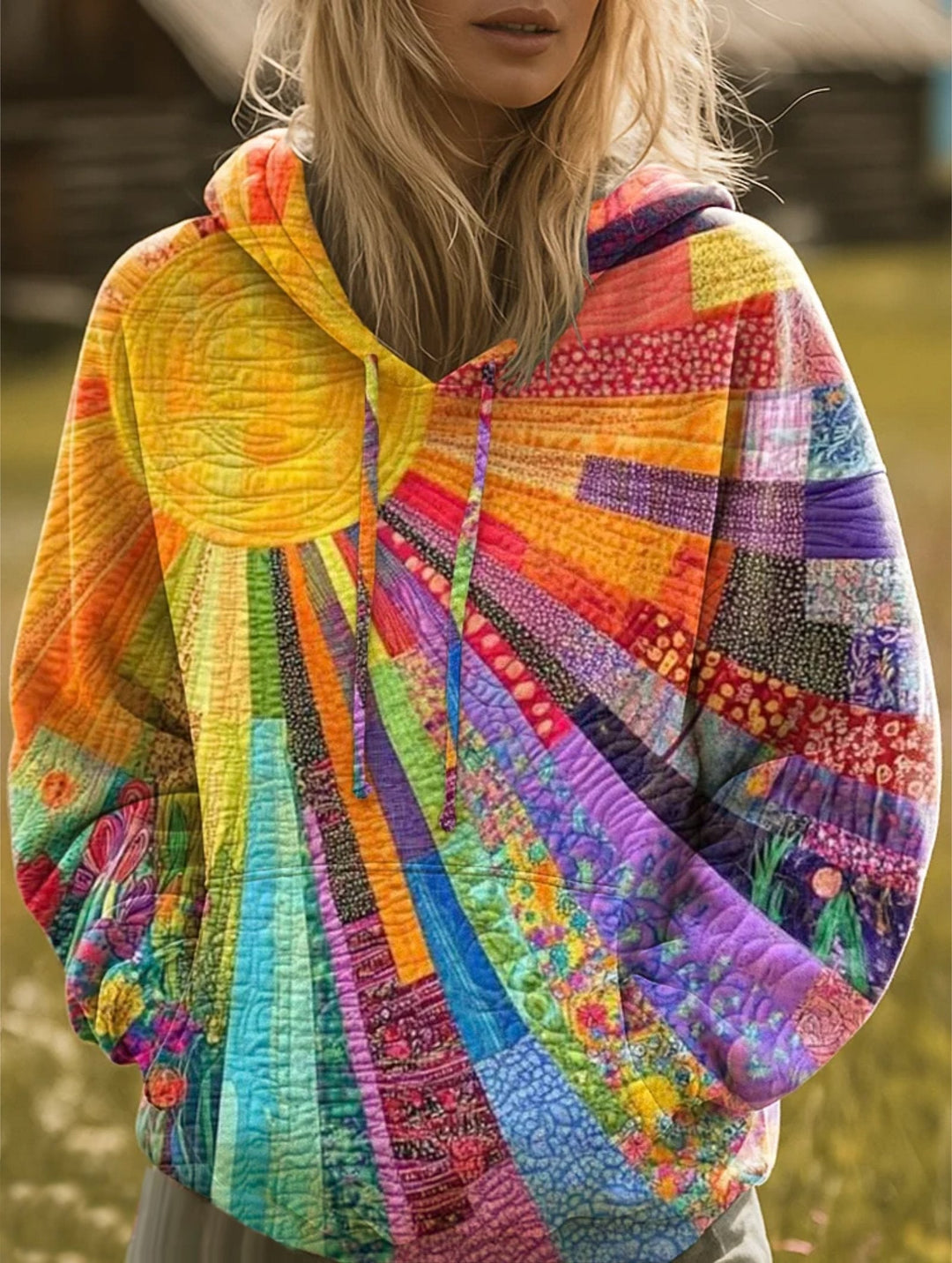 Vibrant women's artistic bohemian patchwork hoodie. Multicolor hooded sweatshirt with a comfortable, relaxed fit.