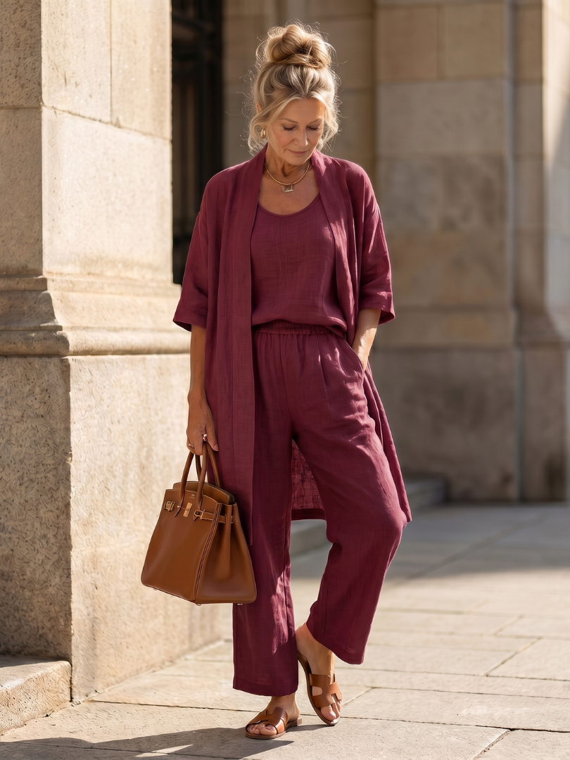 Women's comfortable three-piece ensemble, ideal for loungewear or everyday outings, featuring wide-leg pants.