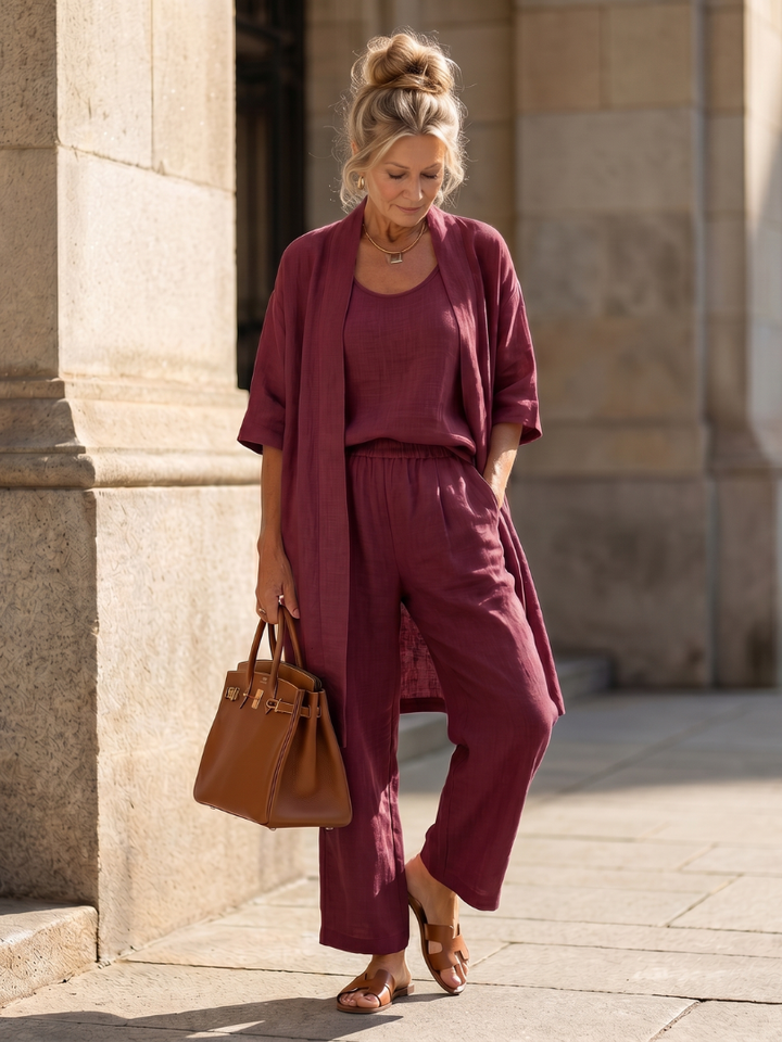 Women's comfortable three-piece ensemble, ideal for loungewear or everyday outings, featuring wide-leg pants.