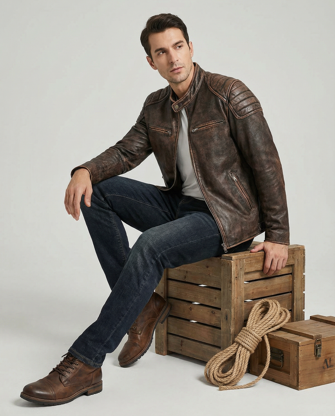 Stylish men's distressed leather biker jacket. Vintage-inspired design for a rugged, fashion-forward urban look.