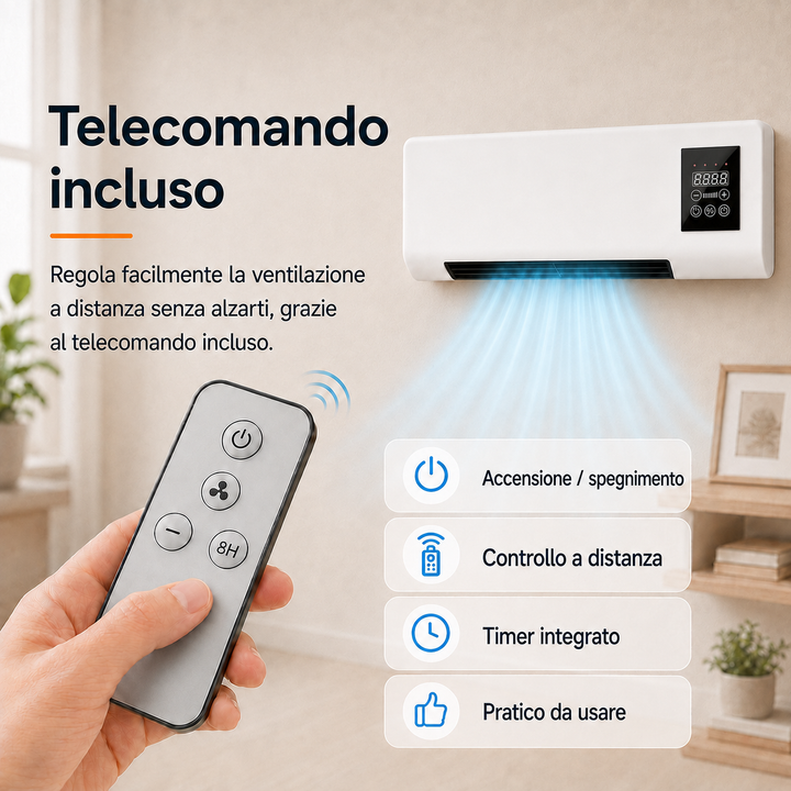 Adjustable compact wall fan with remote for personalized quiet cooling in any room.