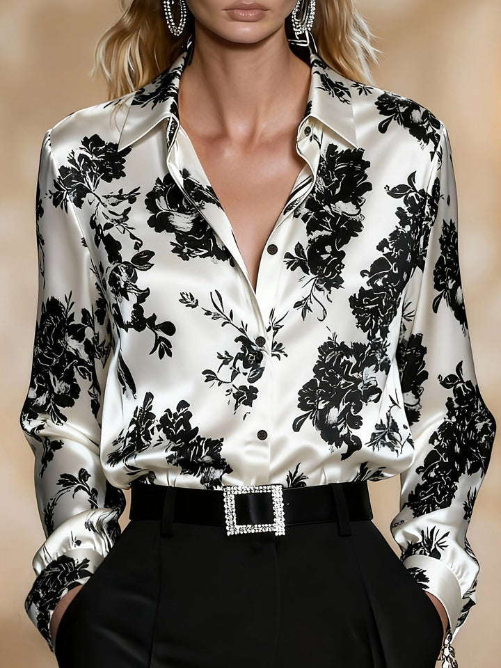 Versatile women's elegant floral print blouse with long sleeves, classic collar. Great for office chic or casual looks.