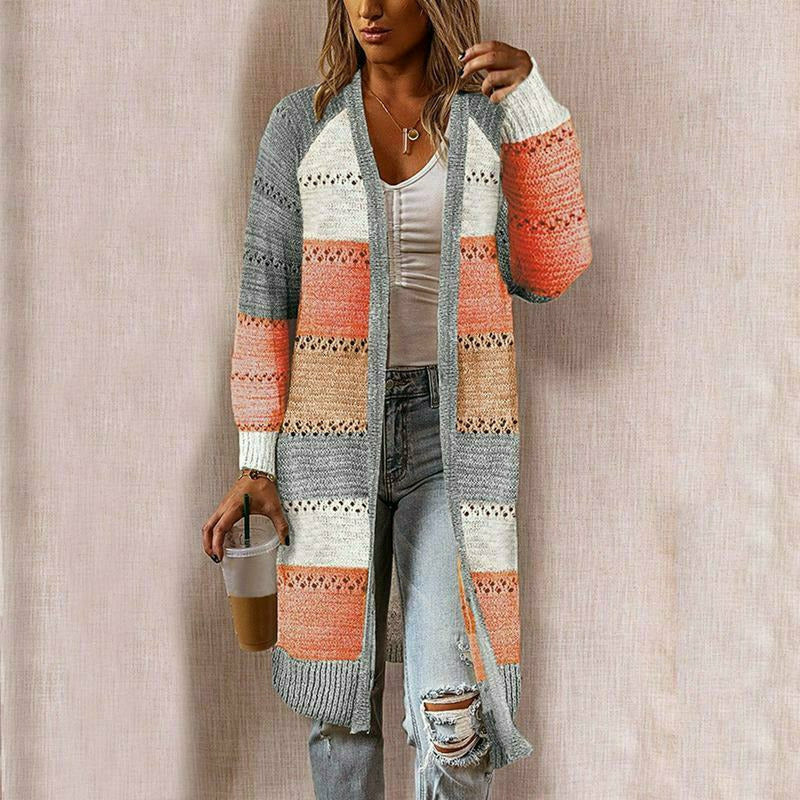 Comfortable women's long sleeve striped knit cardigan with relaxed fit, ideal outerwear for spring & autumn fashion.