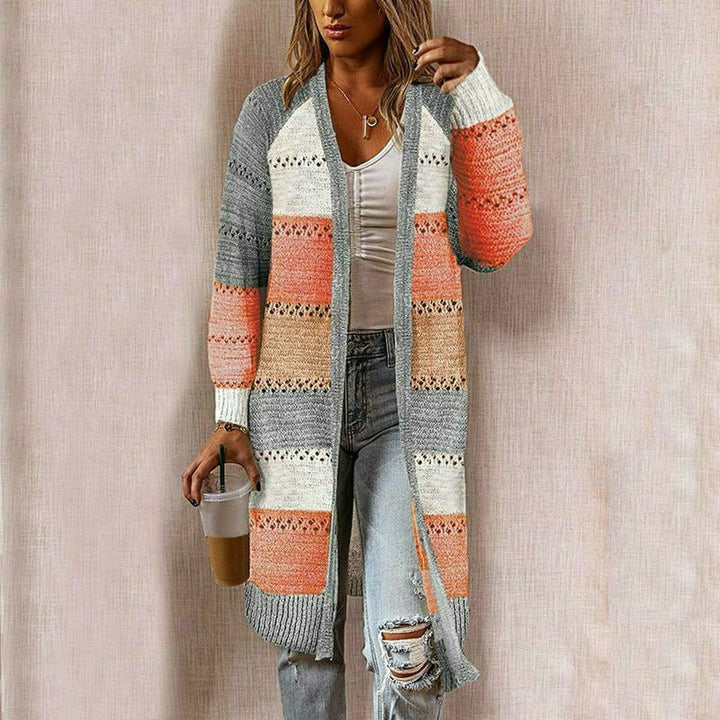 Comfortable women's long sleeve striped knit cardigan with relaxed fit, ideal outerwear for spring & autumn fashion.