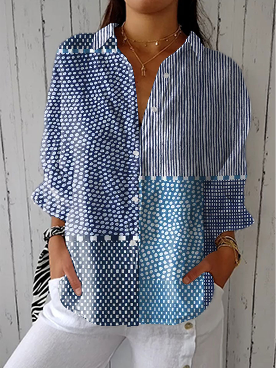 Women's Ocean Patchwork Print Blouse, casual button-down with blue patterns. Perfect for summer & spring.