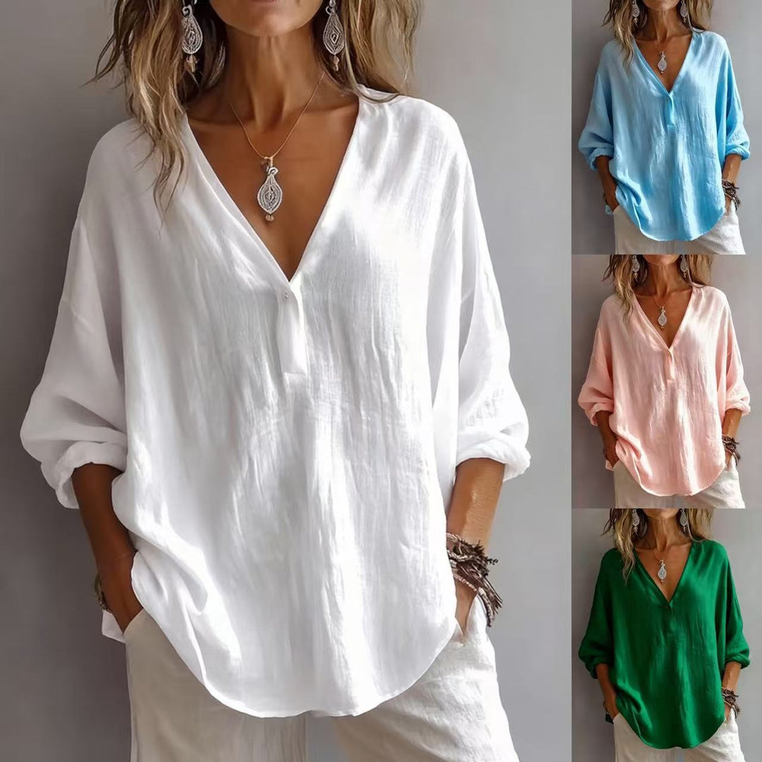 Women's casual loose solid color long-sleeve top, perfect for everyday wear in spring or autumn.