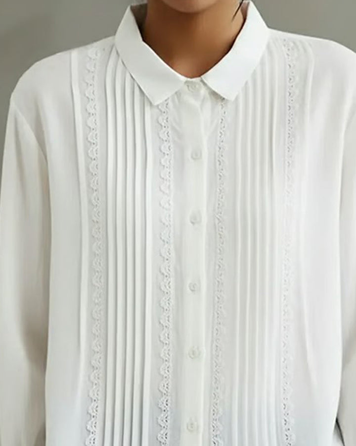Women's Pintuck Lace Detail Button-Up Blouse