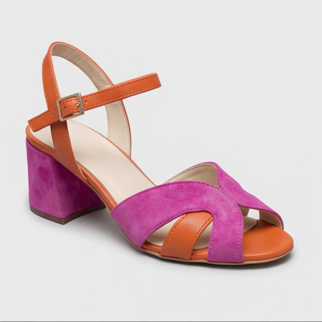 Fashionable women's orthopedic block heels, chunky, color block pattern, all-day comfort & adjustable strap.