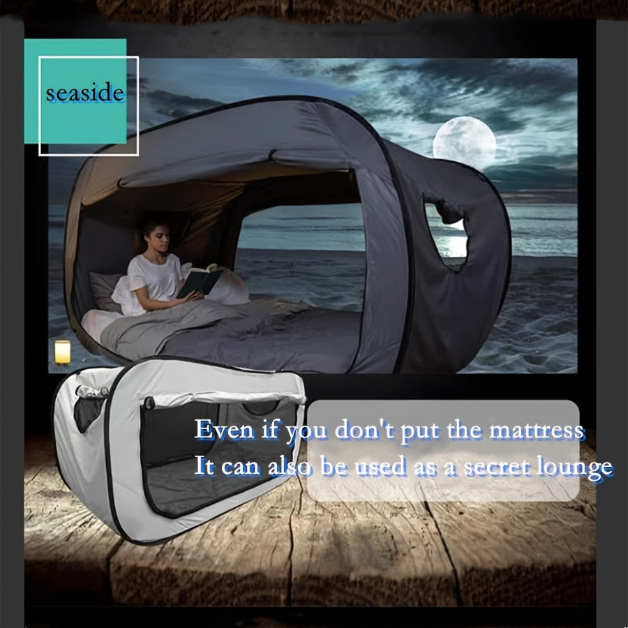 Compact folding tent bed by CozyNest, offering protection & restful sleep in both outdoor & indoor settings.