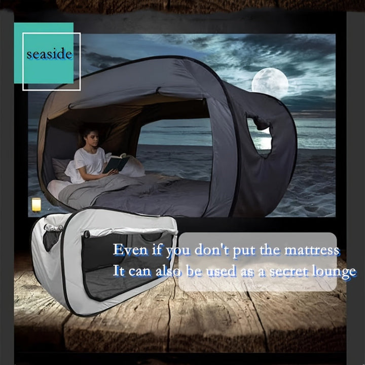 Compact folding tent bed by CozyNest, offering protection & restful sleep in both outdoor & indoor settings.