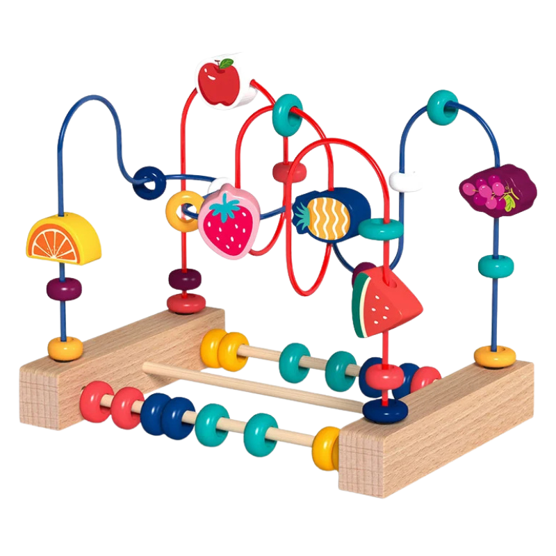 Durable wooden bead maze with vibrant beads. Safe Montessori baby toy for early learning & skill development.