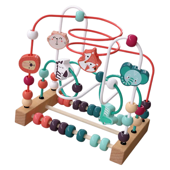 Montessori wooden bead maze for young children. Encourages fine motor, early learning & hand-eye coordination.
