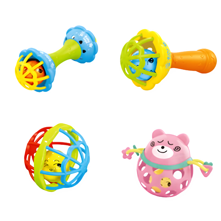 4-pack infant sensory rattles & teething toys for newborns. Promotes motor skills, provides teething relief. Baby gift.