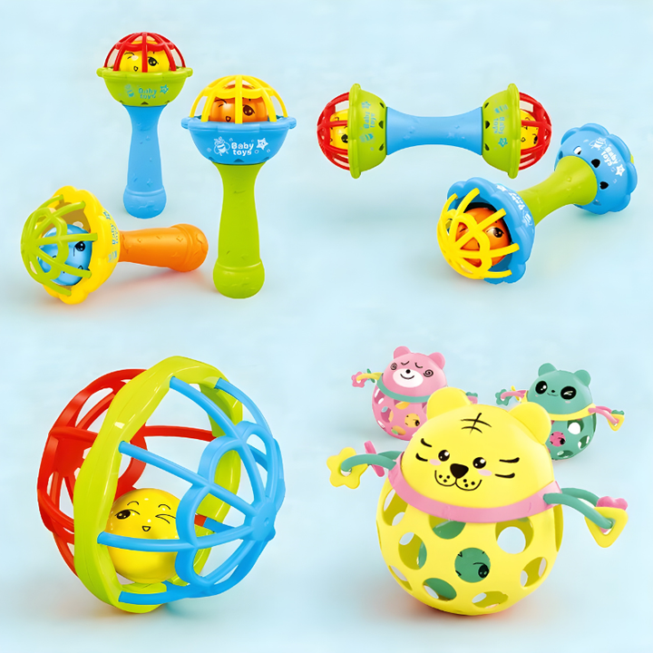 Colorful infant sensory rattle & teether for baby's motor skills & teething relief. Educational newborn toy.
