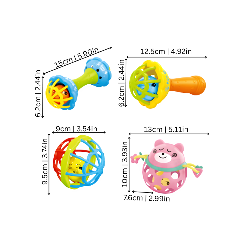 Vibrant 4-pack baby rattles & teethers for sensory play. Ideal newborn gift for early development & teething.