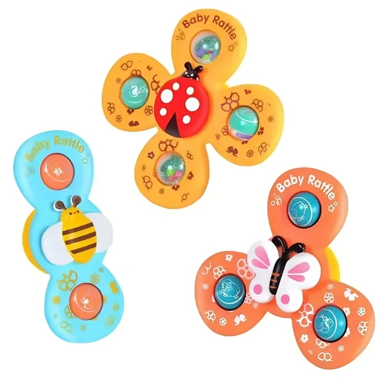 3-piece baby sensory suction spinner toys for infants & toddlers, aiding developmental motor skills.