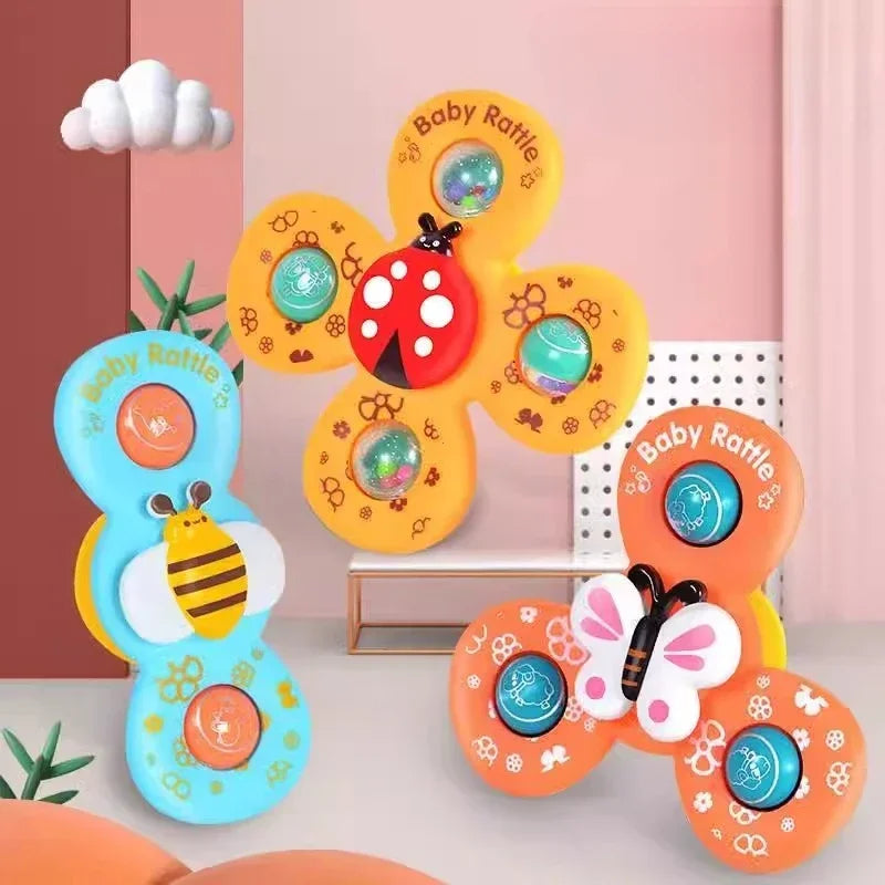 Colorful baby suction spinner toys for high chair & bathtub, promoting infant and toddler motor skills.