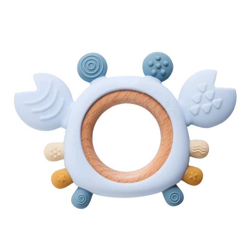 Cute crab teether toy for babies, made from soft food-grade silicone. Ideal sensory chew for teething infants.