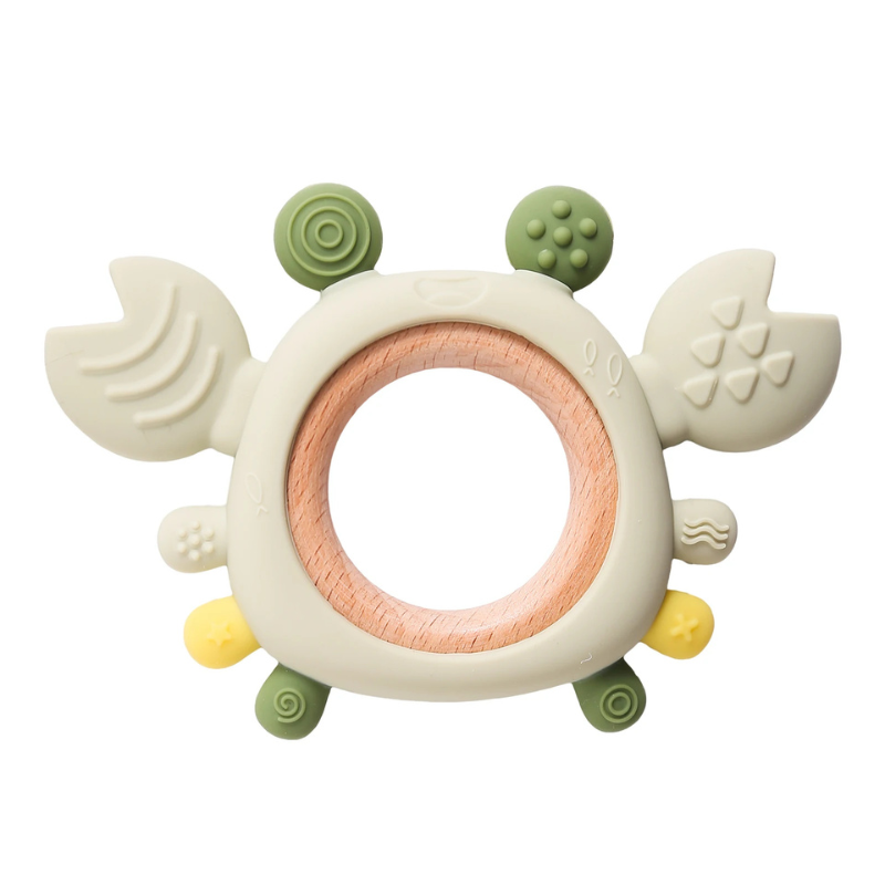 Infant silicone crab teether provides gentle gum relief. Safe, chewable, and durable for teething babies.