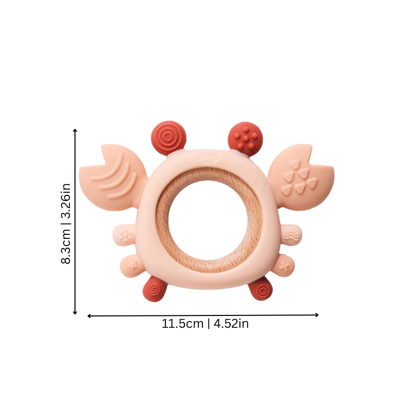 Adorable crab silicone teether for baby gum relief. Safe, BPA-free chew toy ideal for infant teething & newborns.