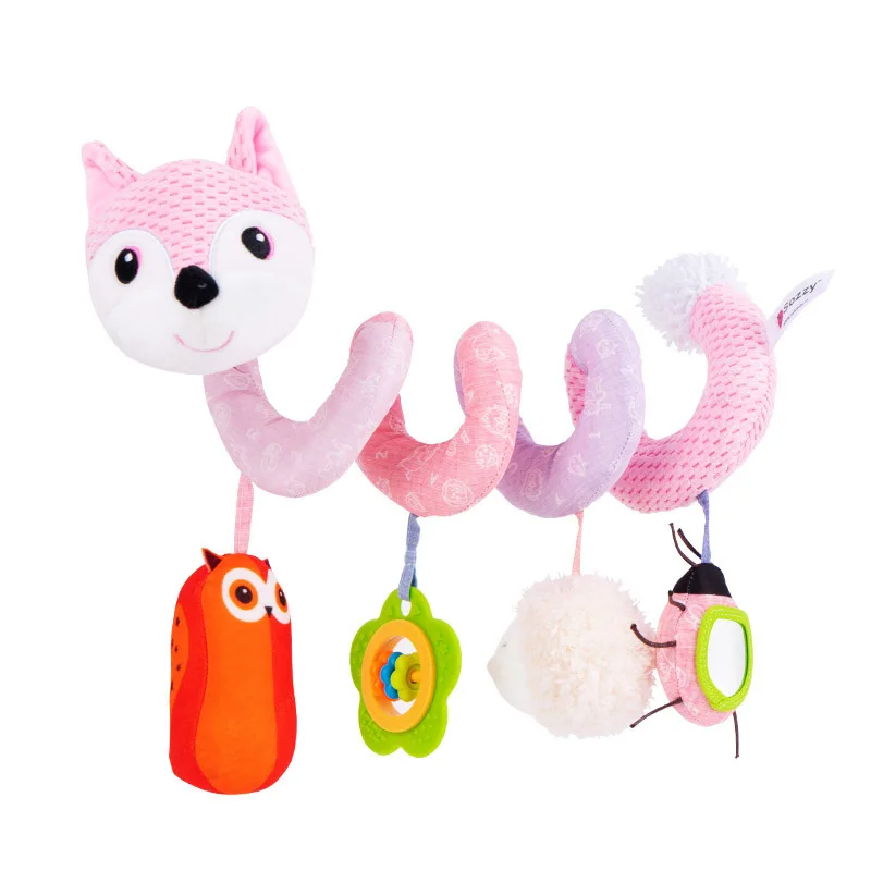 Colorful infant spiral sensory toy with rattles, crinkles. Attaches to car seat handle or crib rail.