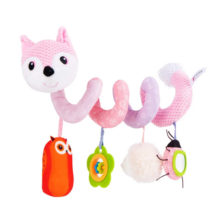 Colorful infant spiral sensory toy with rattles, crinkles. Attaches to car seat handle or crib rail.
